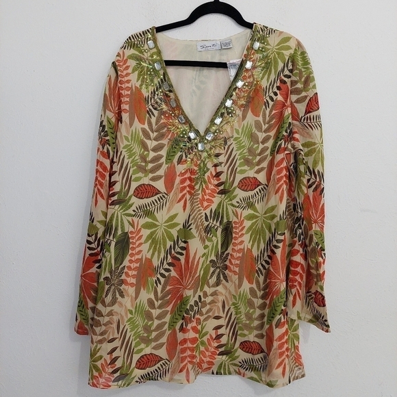 Santé Womens Fall Leaves Print Jeweled V-Neck Tunic Top Plus Size 2X Long Sleeve - Picture 2 of 10